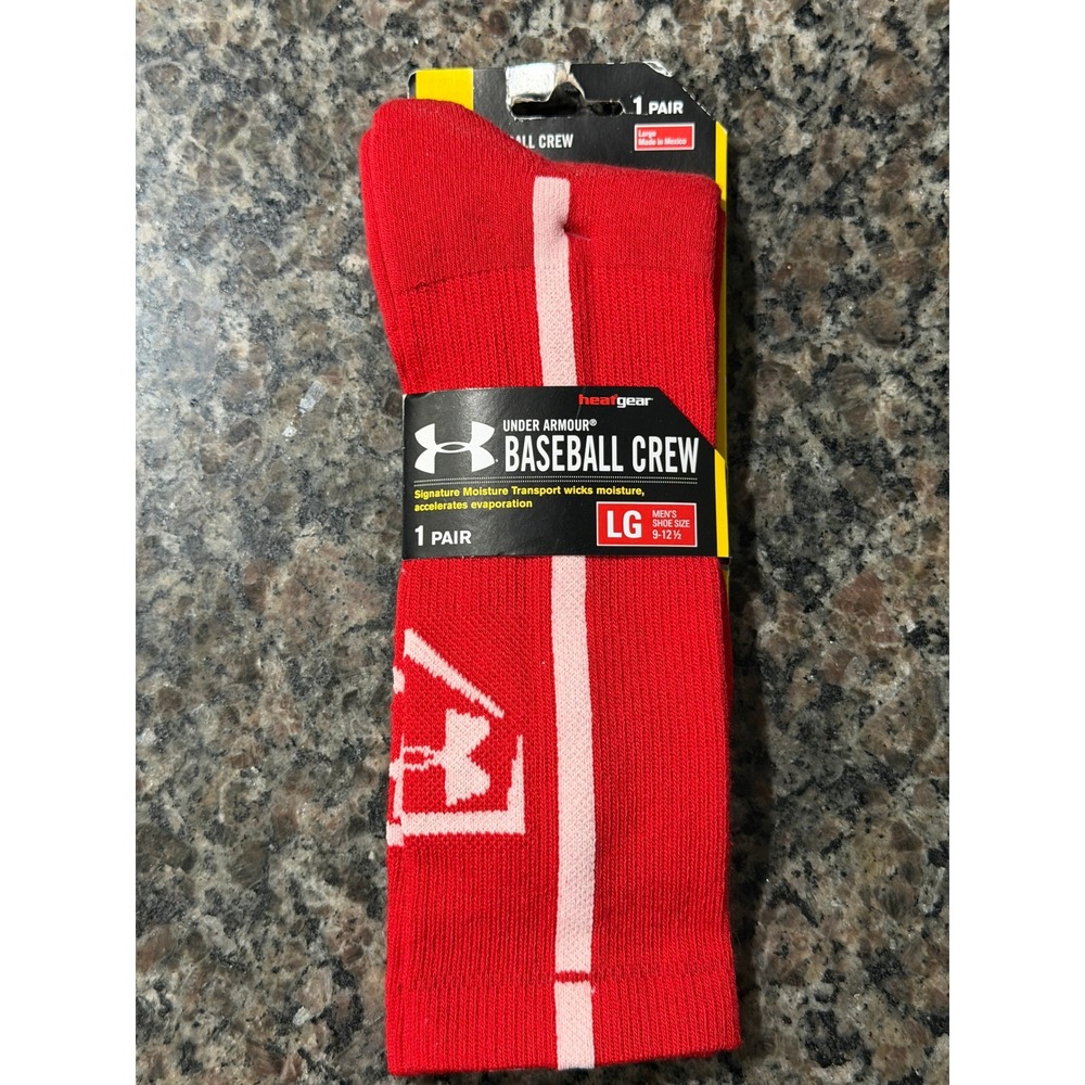 Under Armour Baseball Crew Socks Red White HeatGear Mens Lg 1 Pair U414-RED/WHT